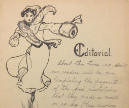 Image of letter with drawing of woman skating, accompanied by handwriting.
