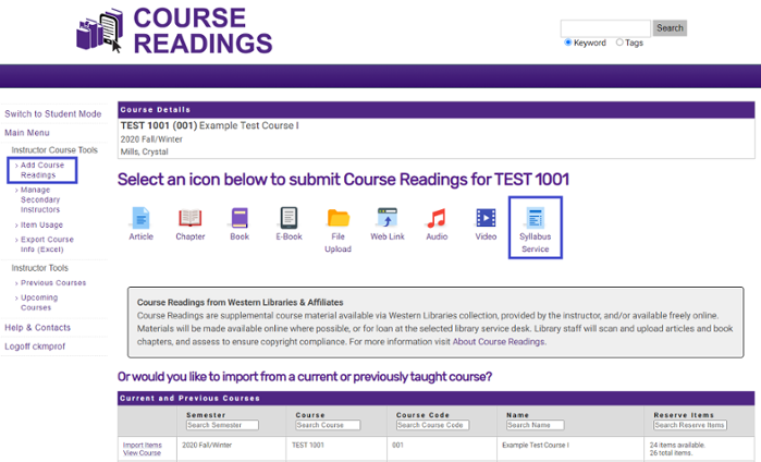 Instructor view of a course within the "Course Readings" service with "Add Course Readings" highlighted in the left navigation menu and the "Syllabus Service" icon highlighted in the top navigation