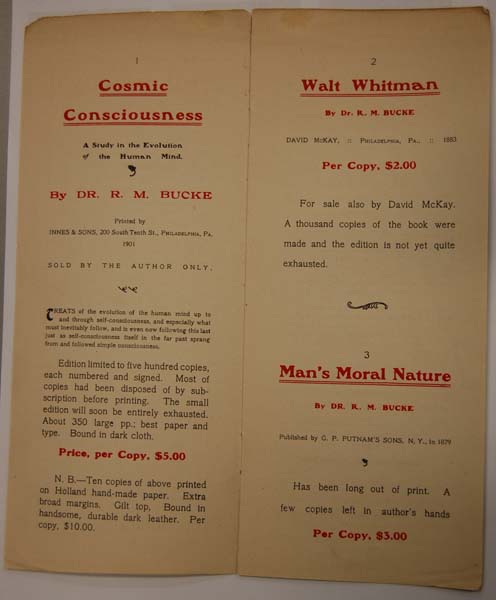 Self-published 
advertisement for books in Dr. R.M. Bucke's collection. R.M. Bucke Collection, Western Archives, E46.