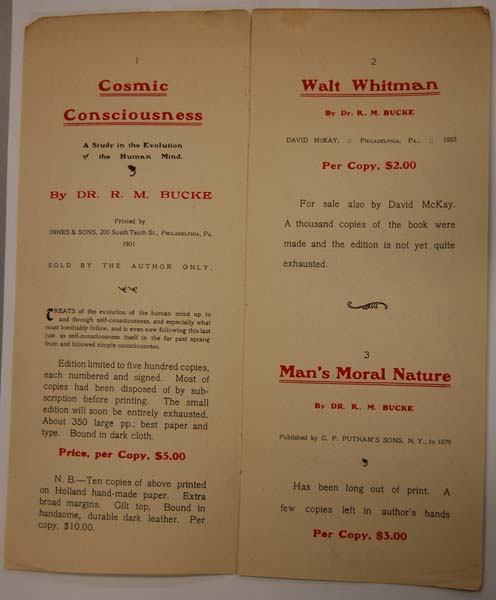 Self-published
advertisement for books in Dr. R.M. Bucke's collection. R.M. Bucke Collection, Western Archives, E46.