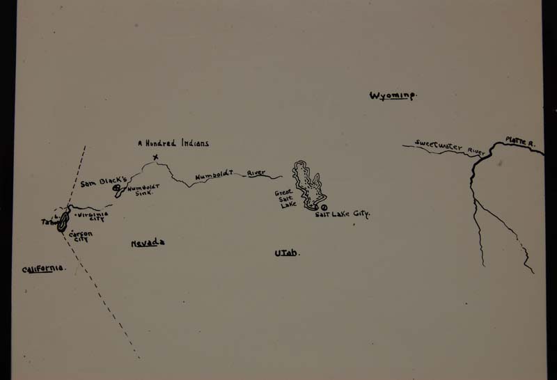 Hand-drawn map of Dr. R.M. Bucke's journey along the Humboldt River. Edwin Seaborn Fonds, Western Archives.