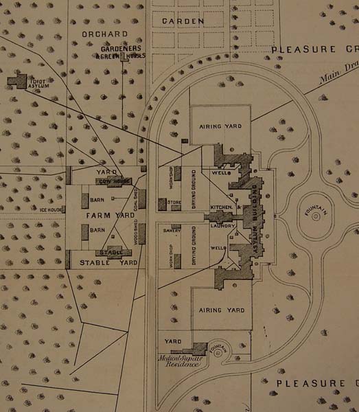 This early plan of the Asylum shows the large amount of land for farming, orchards and "pleasure grounds". The "Idiot Branch" is visible in the upper-left corner and the superintendent's residence
can be found just below the main building. London Room, London Public Library