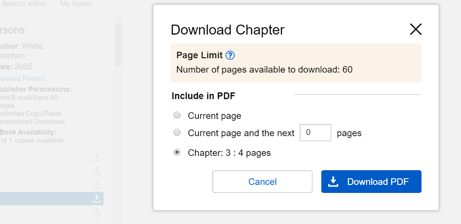 Screen capture of EBSCOhost ebook download screen indicating remaining print/download limits