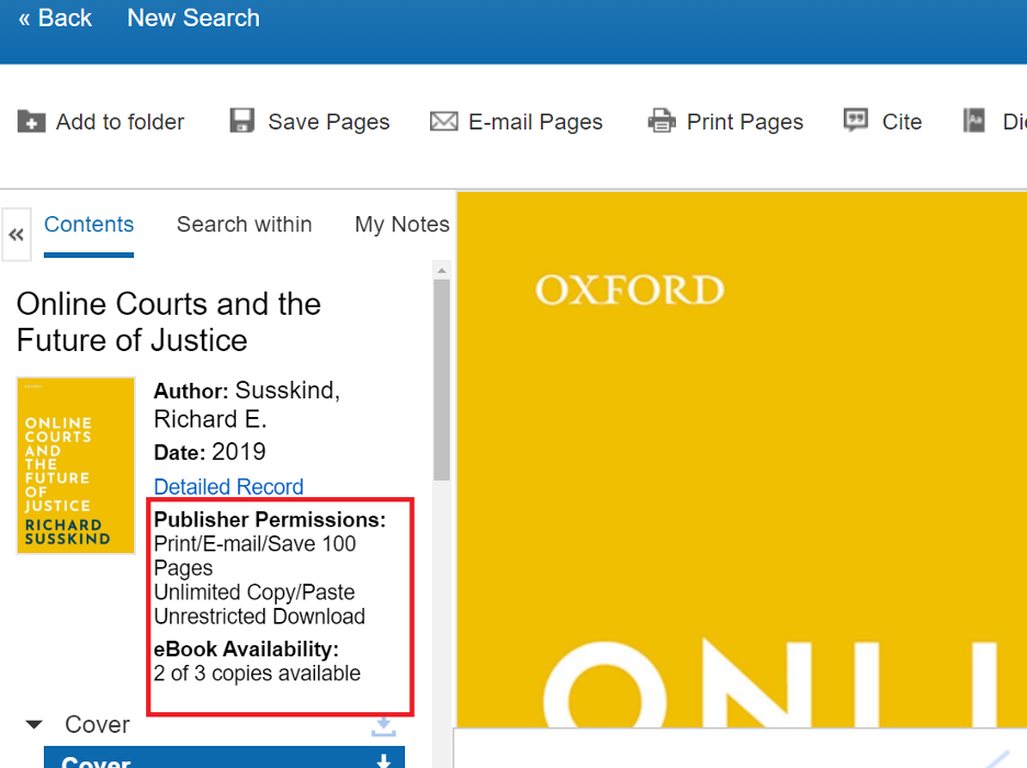 Screen capture of an EBSCOhost ebook with a red box around the "Publisher Permissions/eBook Availability" section.