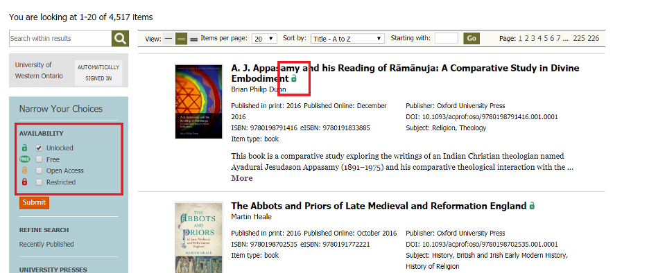 Screen capture of an Oxford University Press e-book with red boxes around the green "unlocked" icon and the "availability" filters