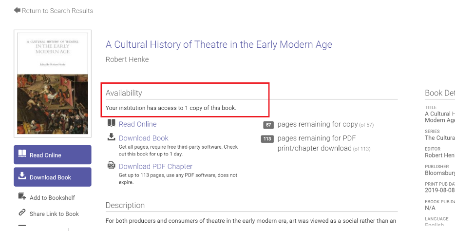 Screen capture of Proquest ebook description with a red box around the "Availability" section indicating that only one copy of the book is available.