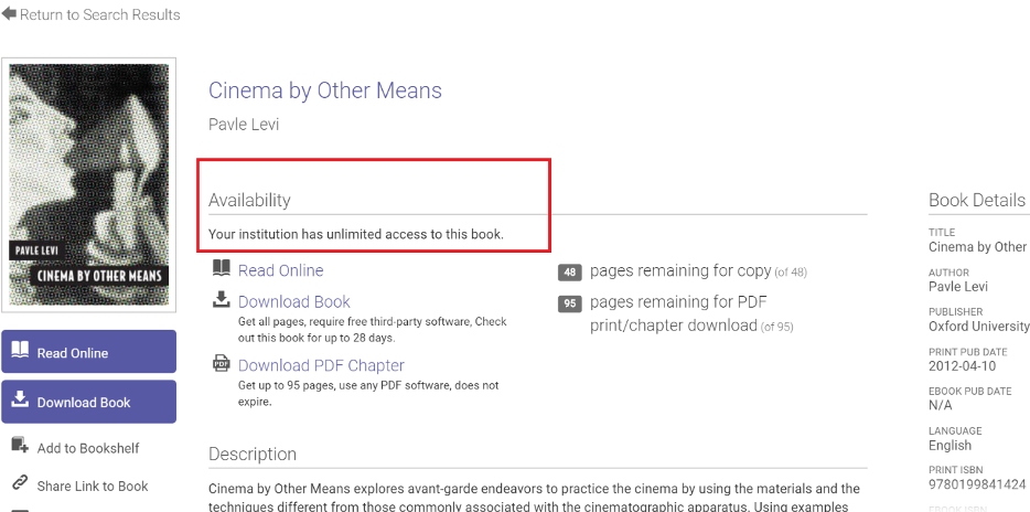 Screen capture of Proquest ebook description with a red box around the "Availability" information