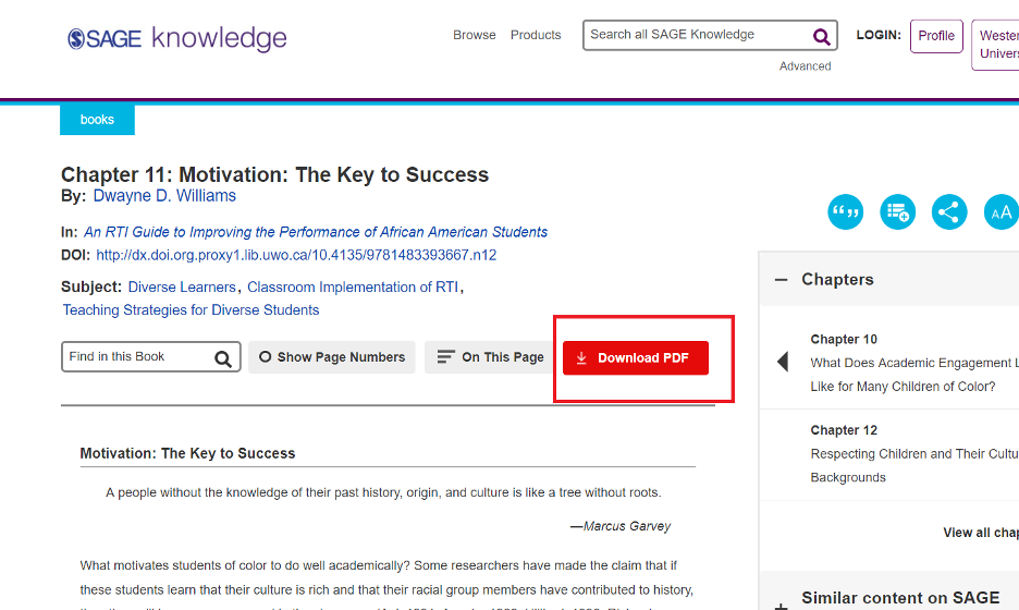 Screen capture of a Sage e-book chapter page with a red box around the "Download PDF" button.