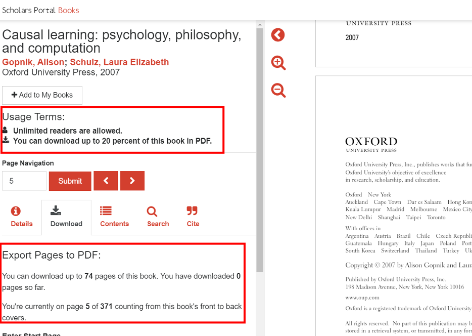 Screen capture of a ScholarsPortal e-book with red boxes around the "Usage Terms" and "Export pages to PDF" sections.