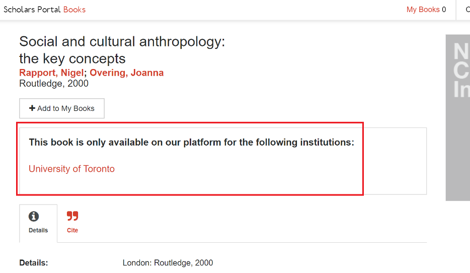 Screen shot of ScholarsPortal e-book page with red box around text indicating that the e-book is not available at Western.