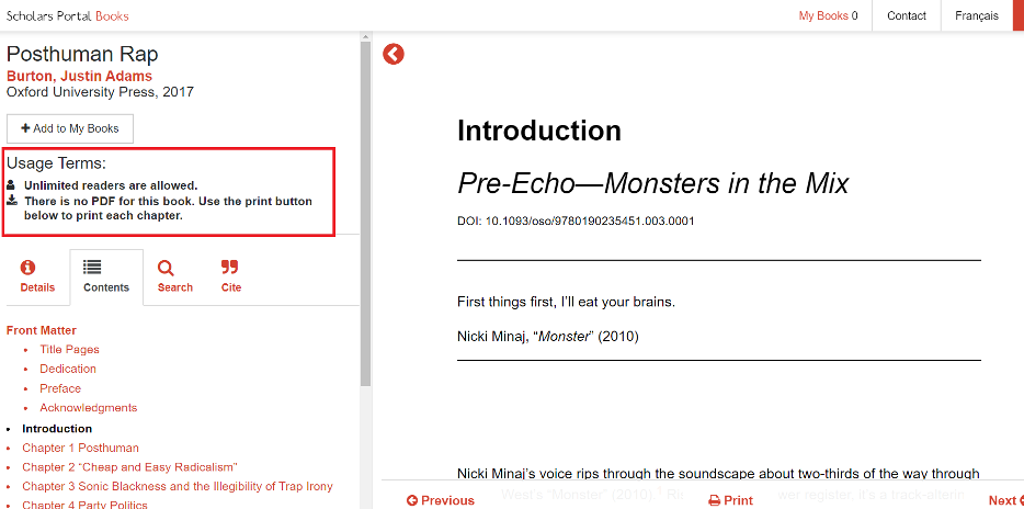 Screen capture of a ScholarsPortal e-book with a red box around the "Usage Terms" section.