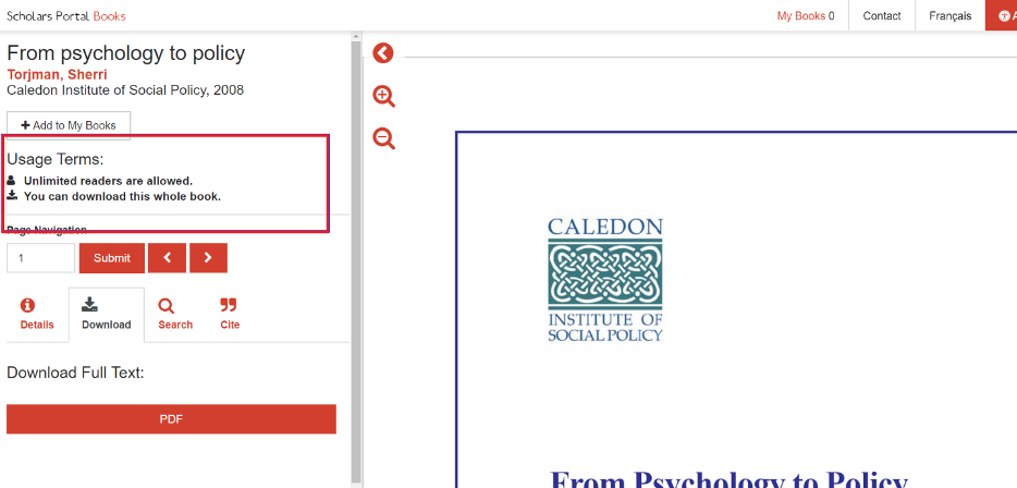 Screen capture of a ScholarsPortal e-book with a red box around the "Usage Terms" section.