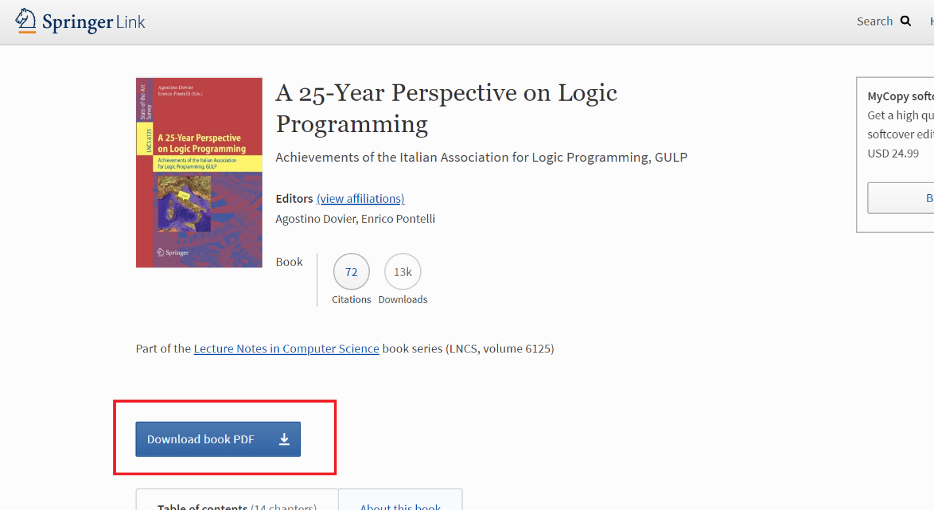 Screen capture of a Springer e-book with a red box around the "Download Book PDF" link