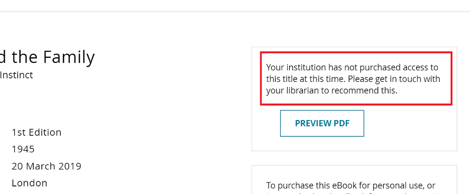 Screen capture of a Taylor & Francis e-book with a red box around the "your institution has not purchased access" message.