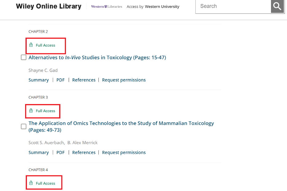 Screen capture of a Wiley e-book with red boxes around the "Full Access" links for individual chapters.
