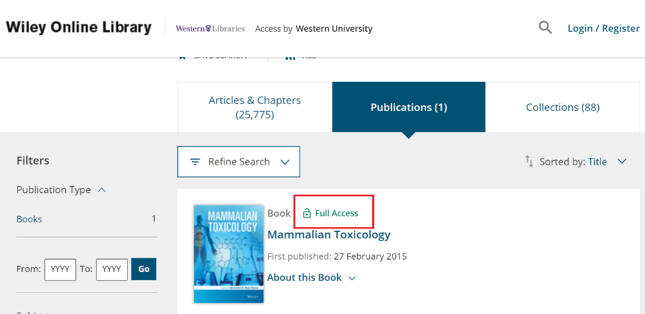 Screen capture of Wiley e-book with a red box around the "Full Access" icon.