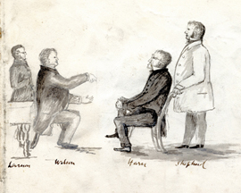 Sketch of Lawrence Laurason, Judge John Wilson, John Harris, and [?] Shepherd by Judge William Elliot, c1845.