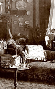 Interior view of Eldon House, 1895. Note the abundance of bric-a-brac and elaborate Victorian furnishings Harris Family fonds, RC#40479