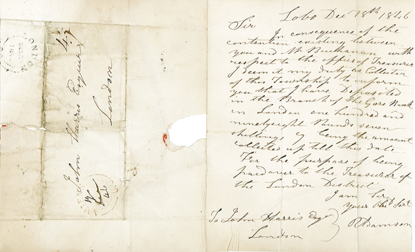 Correspondence to John Harris regarding the matter of two London District Treasurers in office