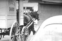 Horse drawn dairy wagon. Black and white still from Massecar film, 1947-1949, location unknown.