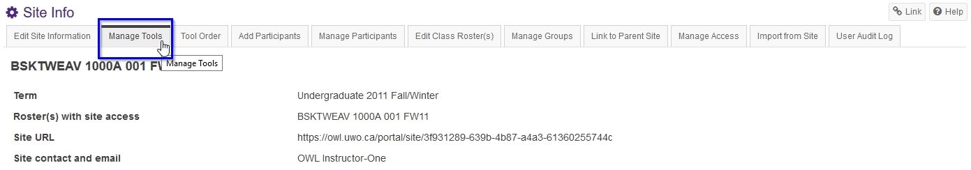 OWL Site Info navigation menu with "Manage Tools" highlighted
