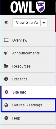 OWL side navigation menu with new "Course Readings" menu item highlighted