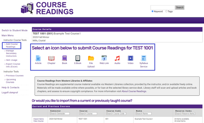 Course Readings main screen with "Add Course Readings" highlighted in the left navigation menu