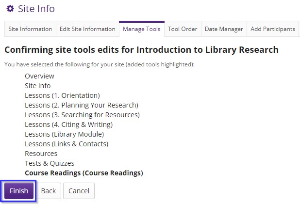 OWL Site Info screen confirming that the "Course Readings" tool has been added
