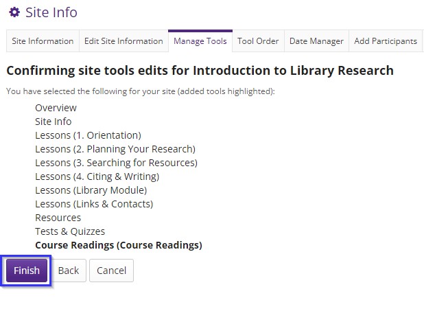 OWL Site Info screen confirming that the "Course Readings" tool has been added