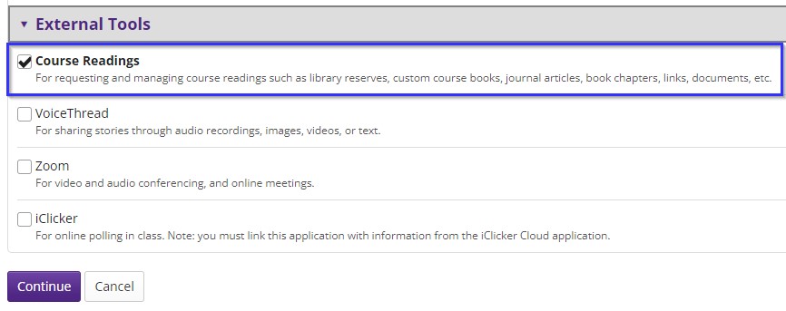 OWL External Tools Selection list with "Course Readings" selected