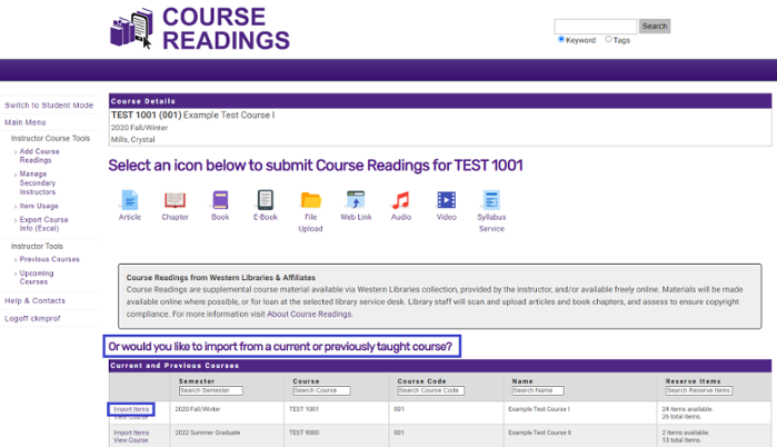 Course Readings Instructor view with "Import Items" link in list of current and previously taught classes highlighted
